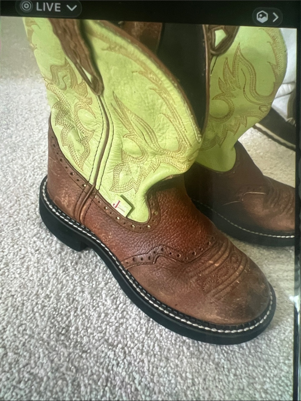 Justin Boots Kids Brown Foot Lime Green Shaft Western Pull-On Cowboy Boots